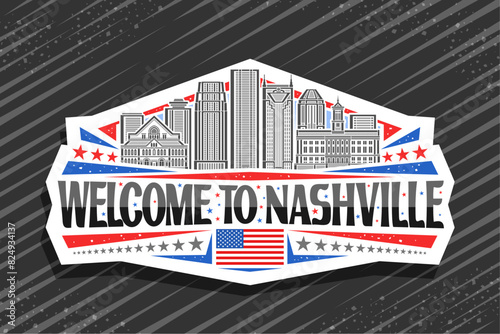 Vector logo for Nashville, white decorative label with illustration of panoramic nashville city scape on day sky background, line art design refrigerator magnet with black words welcome to nashville