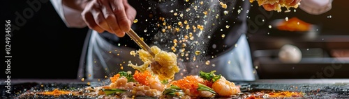 An action shot of a tempura chef dipping vegetables and seafood into batter before frying, capturing the dynamic movement and splashes of oil