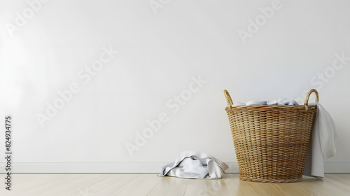 Laundry basket with clothes on dryer near light wall isolated on white background, space for captions, png 