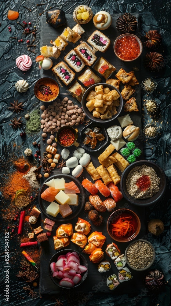 An overhead layout of various Japanese snacks and candies spread out on a dark textured surface, creating a tapestry of flavors and colors