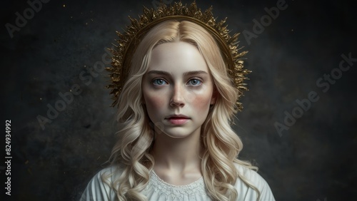 Dark Pure Renaissance Portrait Blonde Girl Inspired by Mary Statue