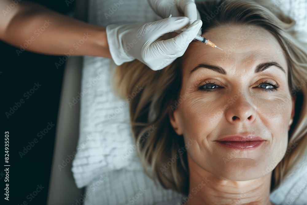 Beautiful woman in her 50s receiving a cosmetic injection on her forehead Beautiful woman in her 50s receiving a cosmetic injection on her forehead