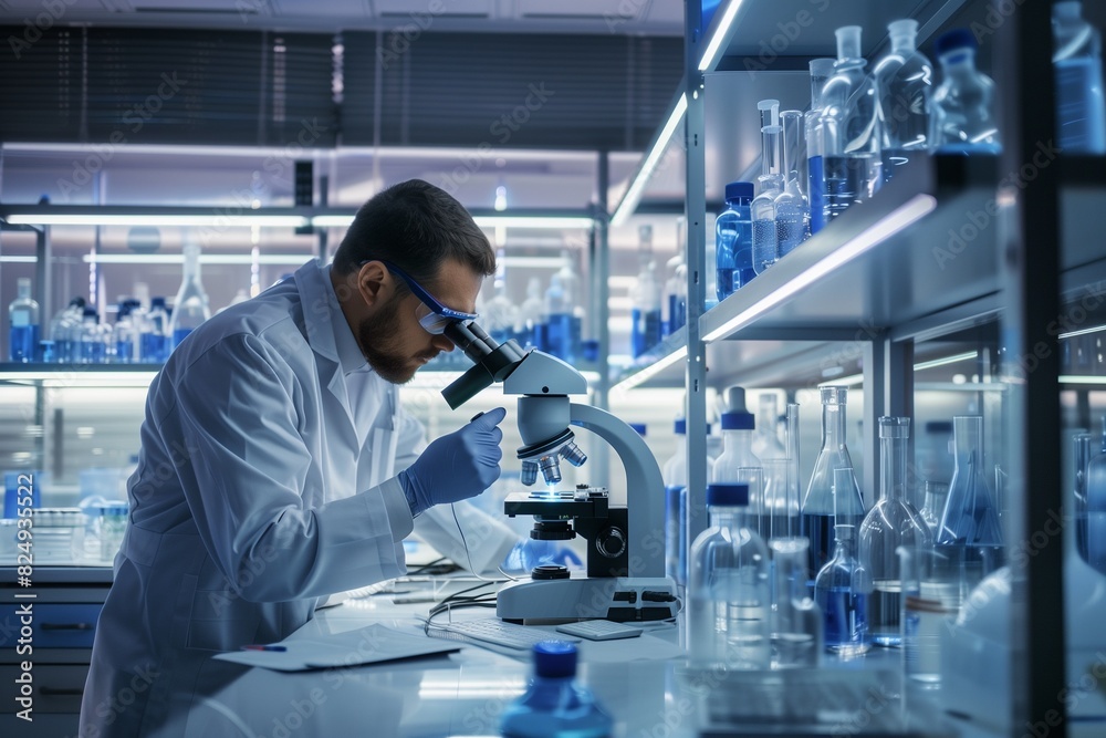 Scientist conducting research in a laboratory using a microscope surrounded by glassware and blue liquids Scientist conducting research in a laboratory using a microscope surrounded by glassware and blue liquids