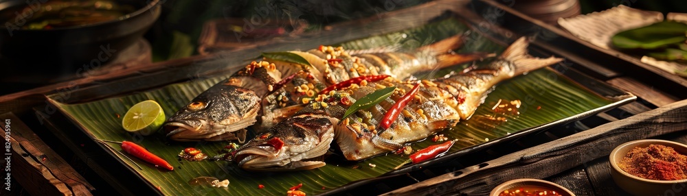 Banana leaf steamed fish with lime and chili, fresh catch displayed, seaside grill setup Banana leaf steamed fish with lime and chili, fresh catch displayed, seaside grill setup