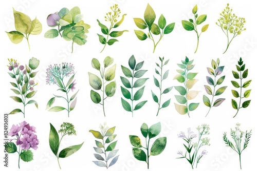 Beautiful watercolor illustrations of various green leaves and flowers  perfect for nature-inspired designs and artistic projects.