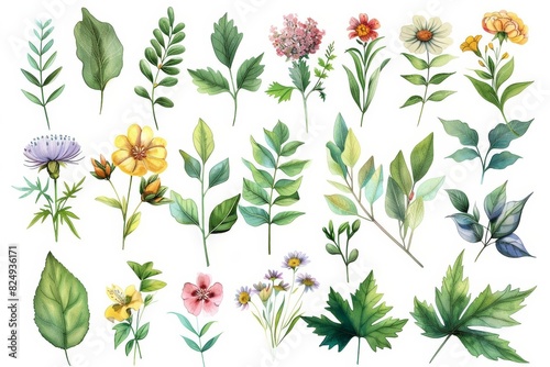 Collection of watercolor plant and flower illustrations, featuring various leaves and blossoms on a white background, perfect for nature designs.