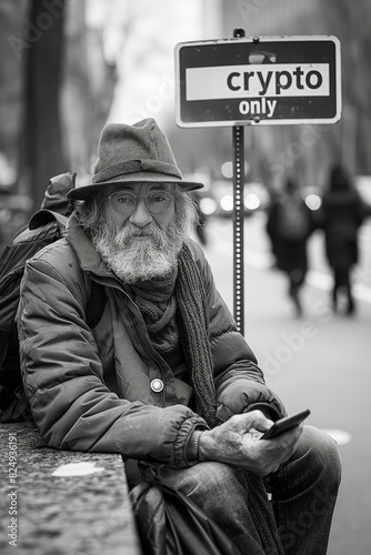 Hombre mayor 70s con barba espesa, abrigado, sombrero, mochilero, b&n, teléfono móvil en mano, mensaje 