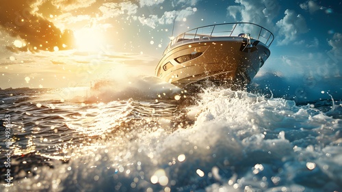 A luxury motor boat driving on the sea at high speed ai generative photo