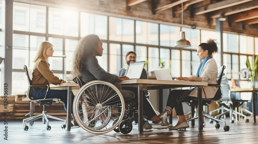 A group of people are sitting at a table in a room, with one person in a wheelchair. The atmosphere seems to be professional and collaborative, as the group is working together on laptops A group of people are sitting at a table in a room, with one person in a wheelchair. The atmosphere seems to be professional and collaborative, as the group is working together on laptops