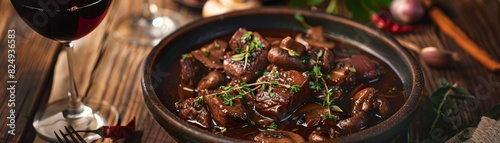 Beef bourguignon, French stew with red wine and mushrooms, rustic country inn photo