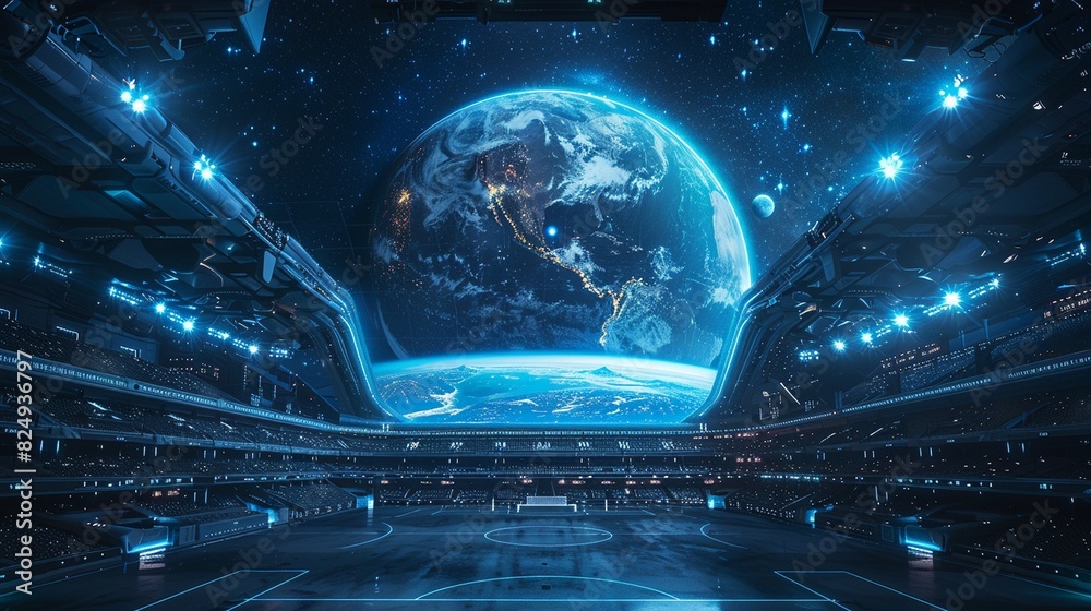 Fototapeta premium Futuristic soccer in orbit, holographic arena, Earth backdrop, moonshine highlight, Asia, Leading lines, centered in frame, natural light, photography