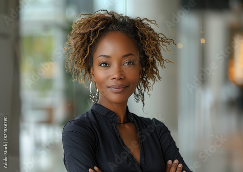 Mujer morena cabello rizado corto, 50s, ejecutiva, con los brazos cruzados, en un pasillo en un ambiente tenue empresarial, de lado, a un lado de la imagen, confianza, seguridad, ámbito desarrollo IT