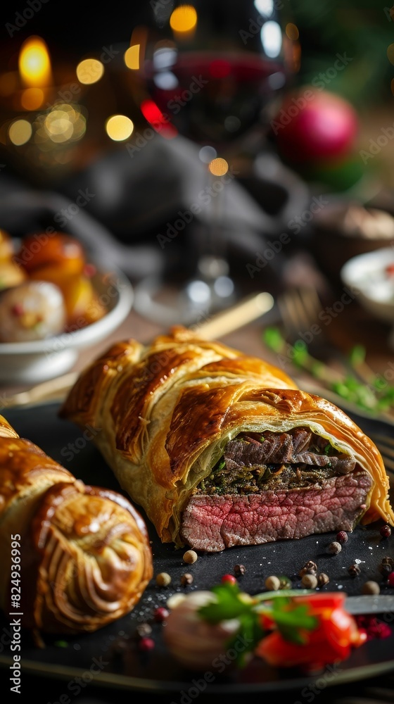 Beef Wellington, tender beef wrapped in puff pastry, served at an upscale dinner