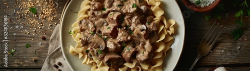 Beef stroganoff, creamy sauce with mushrooms and served over noodles, cozy Russian dacha setting photo