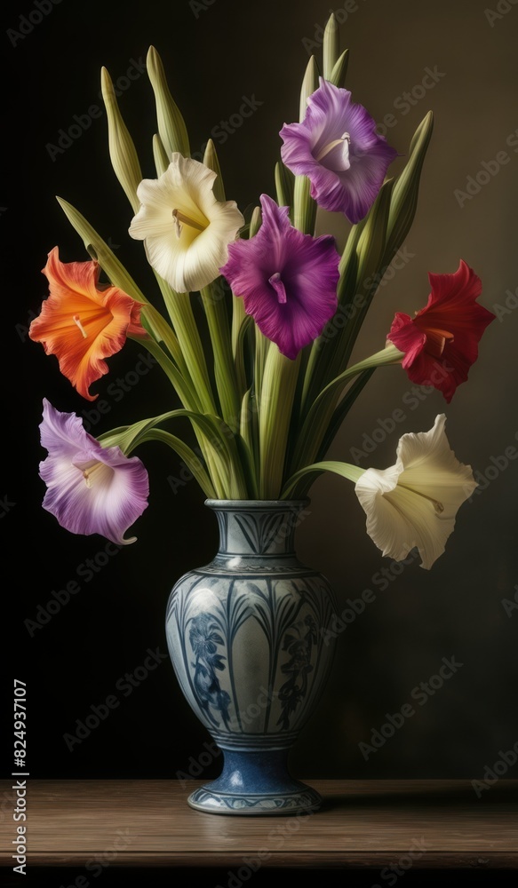 Classic renaissance still life of colorful gladiolus flowers in vase on stool Classic renaissance still life of colorful gladiolus flowers in vase on stool