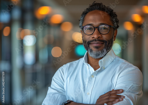 Hombre moreno con barba y gafas 40s - 50s, ejecutivo, con los brazos cruzados, en un pasillo en un ambiente tenue empresarial, de frente, a un lado de la imagen, denota confianza, seguridad, ámbito IT