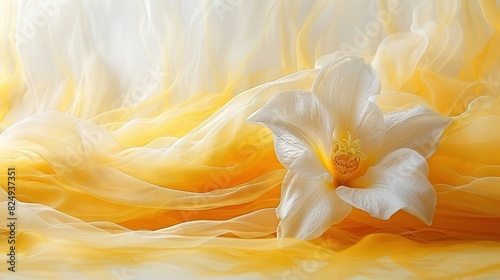   A large white bloom atop a yellow-and-white fabric bed  resting on top of yellow-and-white sheets