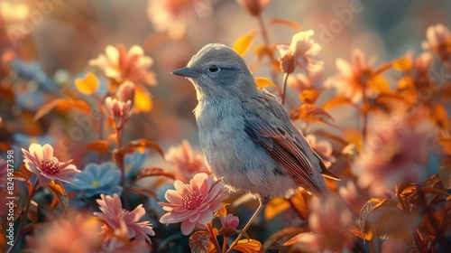 Serene Bird Amongst Blossoming Flowers at Sunset © Anastasiia