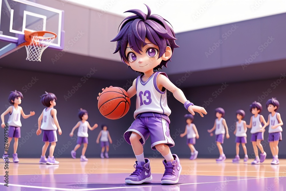 Naklejka premium This anime style 3D illustration shows a young boy in violet jersey and shorts holding a basketball. He is smiling and having fun on a basketball court, with the lively background of other people pla