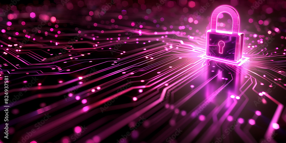 Obraz premium Info Lock - Purple circuits transfer data to a digital lock