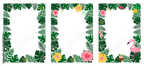 Summer tropical frames with leaves, flowers and flamingo for party invitations, sale posters and wedding cards. Collection of vector templates isolated with white background.
