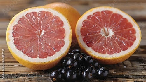   A halved grapefruit on a wooden board with black olives