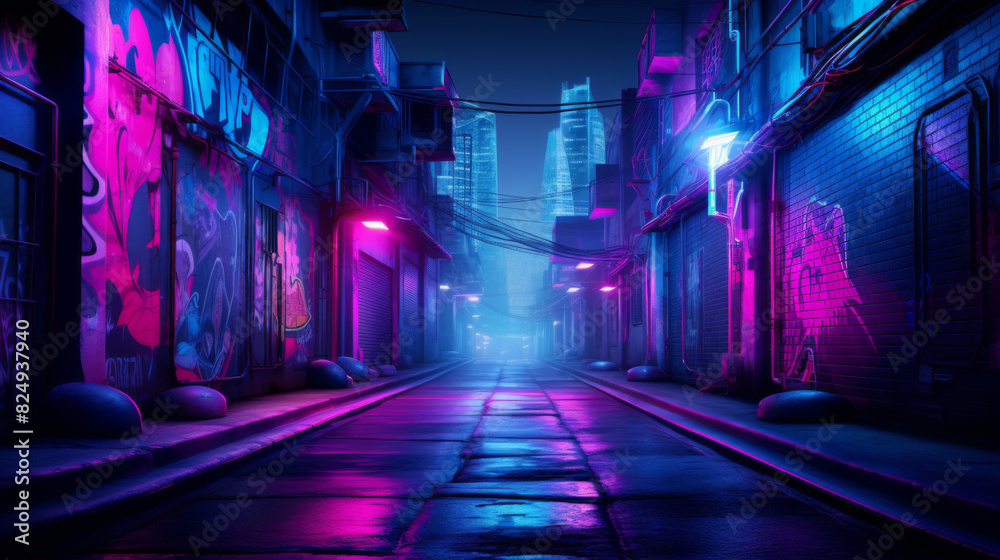 Vibrant neon-lit urban alleyway with graffiti art, futuristic cityscape in the background. Nighttime, cyberpunk aesthetic.