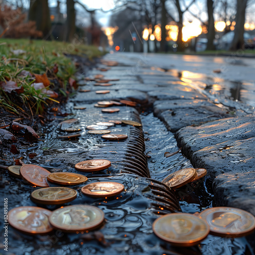 monedas en el suelo, siendo arrastradas por el agua de lluvia hasta el sumidero, sin rumbo, perdida del valor monetario, alto coste de la vida, rendimiento, ahorro, inversión, capitalización, finanzas photo