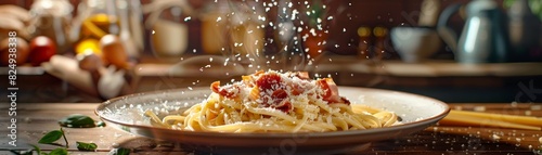 Carbonara, creamy pasta with eggs, cheese, and pancetta, rustic Italian kitchen, family dinner photo