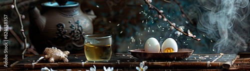Century eggs, preserved duck eggs, sliced and served with pickled ginger, traditional Chinese tea house photo