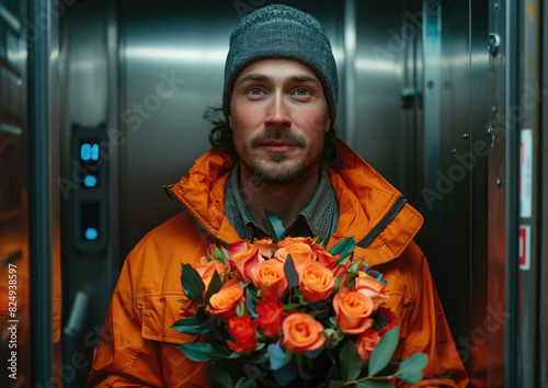 Chico joven 20s años con bigote, corta vientos y gorro, repartidor a domicilio, para hacer la entrega de un ramo de flores, rosas rojas y naranjas, dentro del ascensor, pasillo, fondo oscuro photo