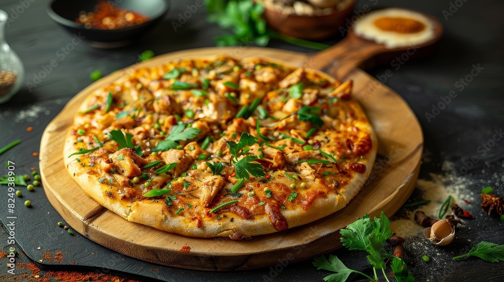 Chicken satay pizza, fusion dish, served on a wooden board, contemporary Thai restaurant Chicken satay pizza, fusion dish, served on a wooden board, contemporary Thai restaurant
