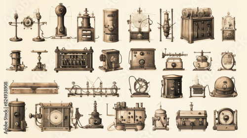 Vintage scientific instruments and machinery illustration set in sepia tone, showcasing intricate details and historical designs.