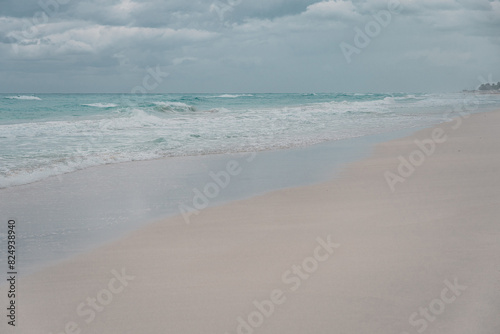 Varadero beach, Cuba. Atlantic ocean. Touristic Cuban beach with no people on a rainy day. Varadero, Cuba