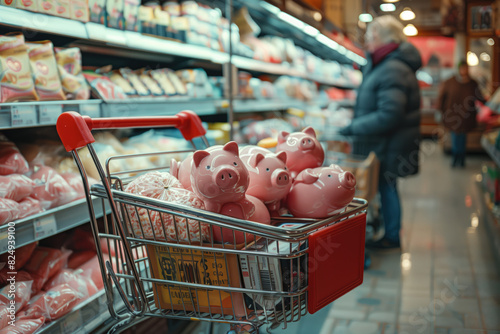 Carrito de la compra en un supermercado, lleno de víveres y varias alcancías poder pagar la compra. Alto coste de la vida, inflación, vulnerabilidad de los mayores y población de menos recursos. Gasto photo