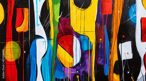 Abstract urban street art. Vibrant graffiti painting on urban wall showcasing a mix of shapes and colors.