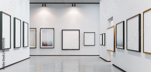 Modern art gallery displaying a series of resin-finished frame mockups  each representing contemporary artistic expressions.