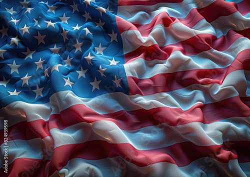 Tela con ondas, bandera de los Estados Unidos de América, rojo, blanco, azul, estrellas, a merced del viento. Festejos por el 4 de Julio, fondo de pantalla, recurso gráfico photo