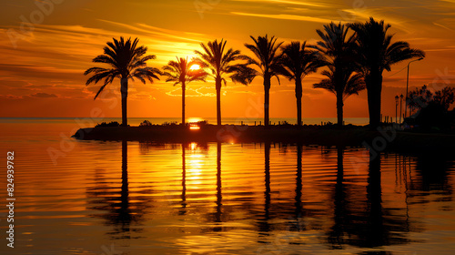Sunset over the sea with palm trees  Summer wallpaper.