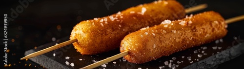 Corn dogs, deepfried and served on a stick, classic American state fair photo