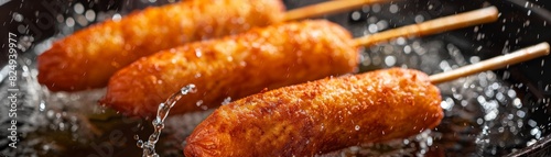 Corn dogs, deepfried and served on a stick, classic American state fair photo