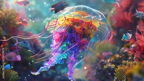 Transparent jellyfish in deep blue sea, World Oceans Day jellyfish close-up concept illustration. Generative AI