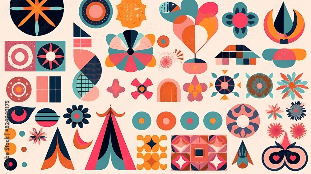 Set of abstract retro geometric shapes vector. Collection of contemporary figure, sparkle, arrow, flower in 70s groovy style