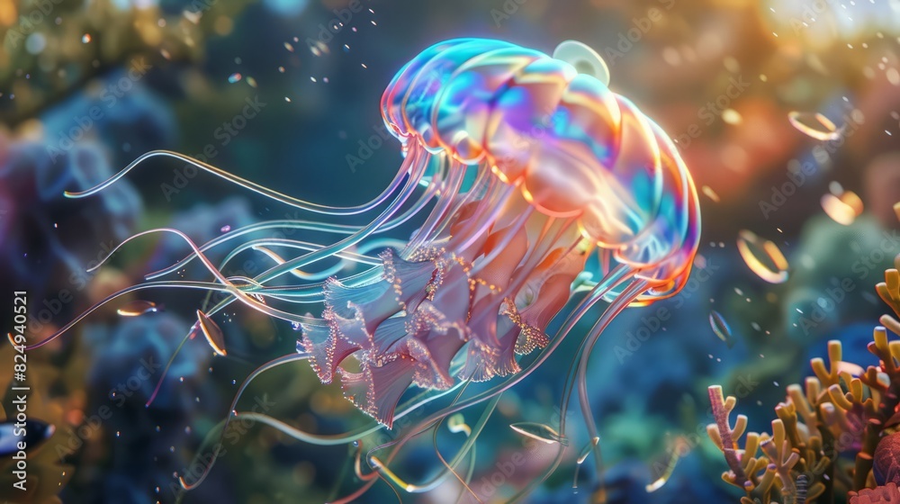 Transparent jellyfish in deep blue sea, World Oceans Day jellyfish close-up concept illustration. Generative AI Transparent jellyfish in deep blue sea, World Oceans Day jellyfish close-up concept illustration. Generative AI
