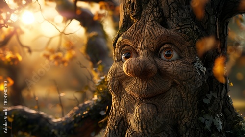 This tree face, created by unusual growth patterns and knots in the wood, has wide eyes and a mischievous grin, giving it a characterful and animated appearance.