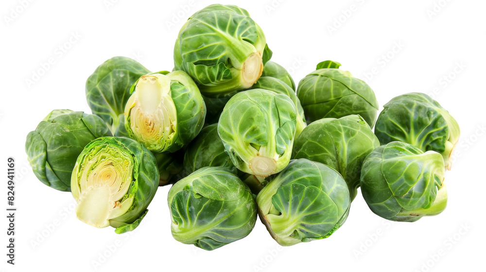 A collection of fresh brussel sprouts neatly stacked on a plain white surface A collection of fresh brussel sprouts neatly stacked on a plain white surface