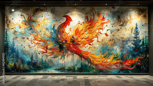 breathtaking mural of a majestic phoenix rising from the ashes symbolizing resilience and renewal © HaiderShah