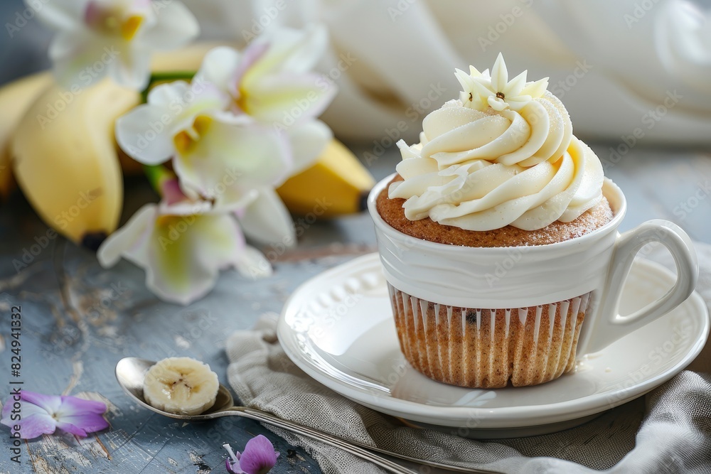 Vintage Banana cupcake in white ceramic cup and spoon with beautiful tea of cup on vintage background selective focus copy space - generative ai