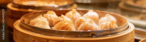 Dumplings, steamed and served with soy sauce, bustling dim sum restaurant in Hong Kong photo