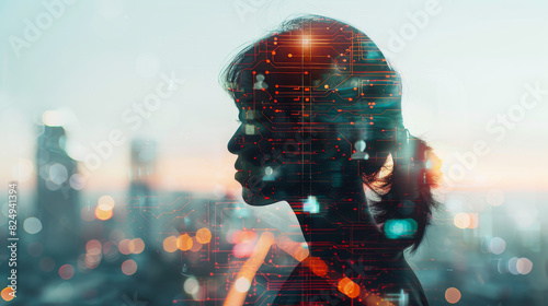A striking double exposure photograph of a silhouette overlaid with technological circuitry, shot with an 85mm F1.2 lens, and meticulously edited in LR+PS to create a seamless blend of human and #824941394